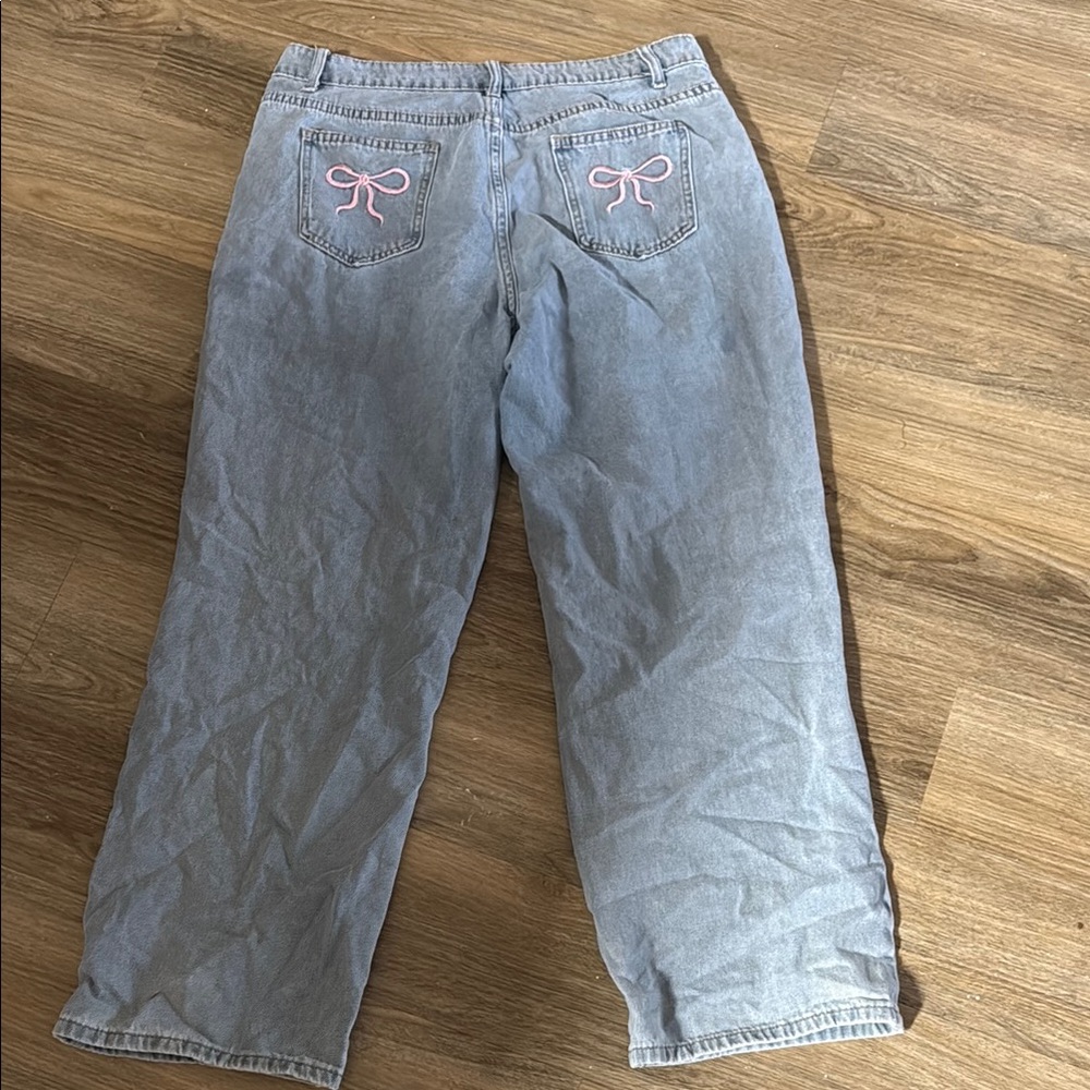 Women's Flare Jeans in Light Blue with Pink Accents